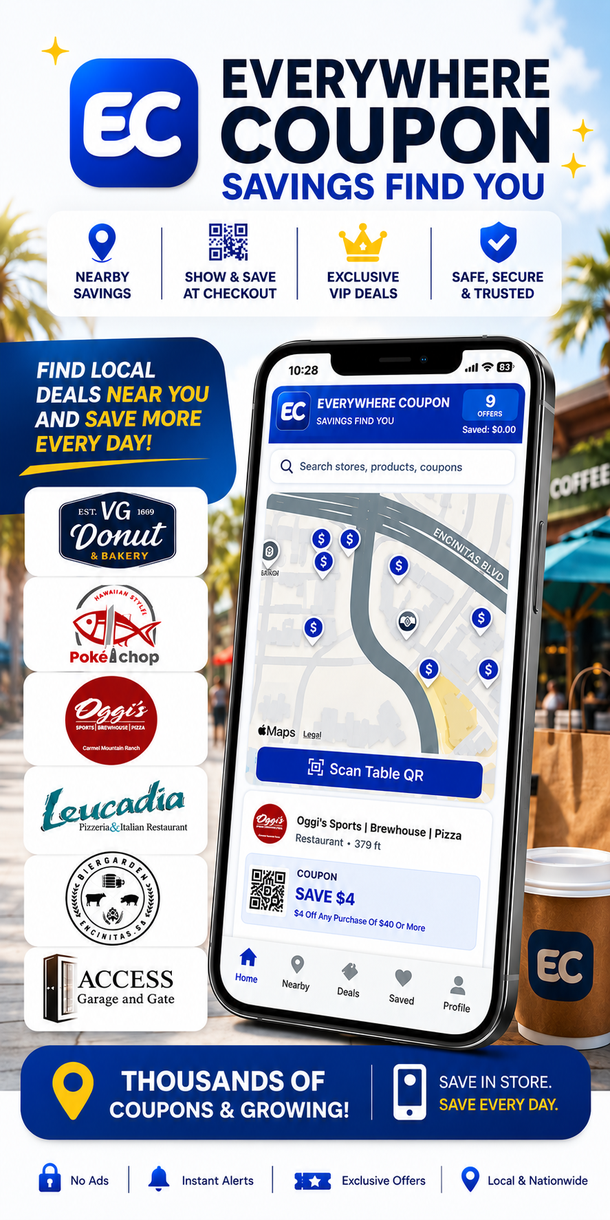 Everywhere Coupon app featuring thousands of nearby offers, local business coupons, restaurant deals, and shopping savings